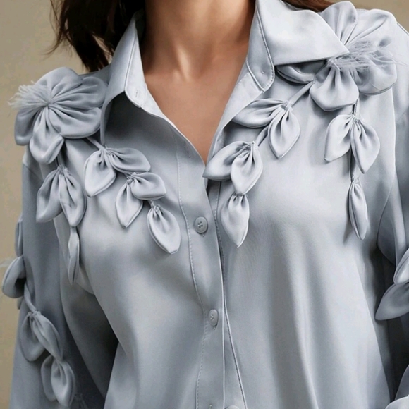 Women's Loose Khaki Handmade 3D Floral Feather Wheat Design Turndown - Picture 2 of 8